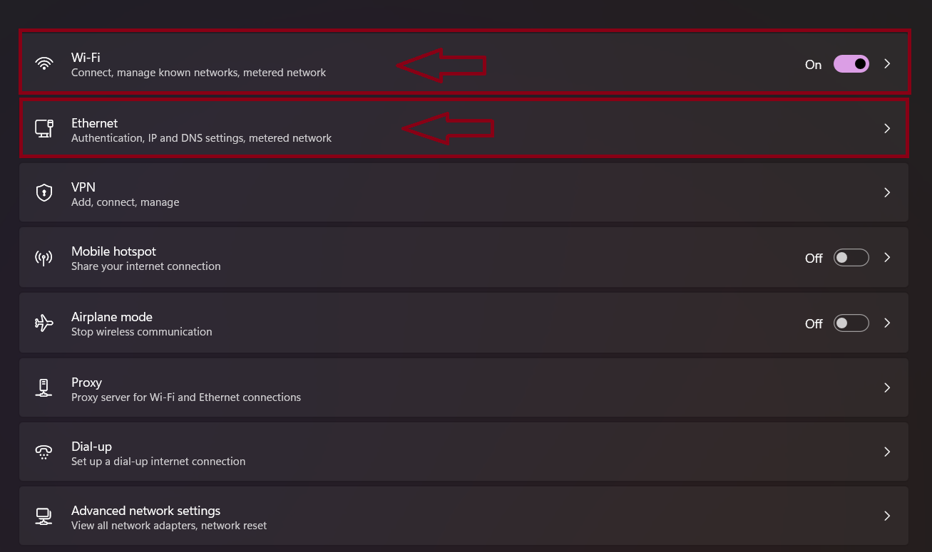 Wi-Fi or Ethernet Settings